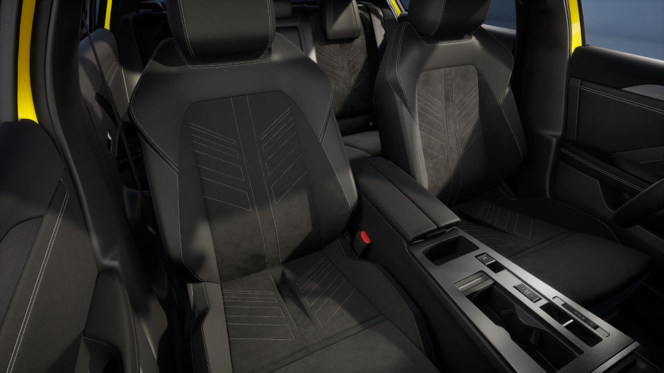 # Intelli-Sitze mit Ergonomie-Feature (AGR) für Fahrer und Beifahrer, 10-fach einstellbar; # Memory-Funktion für Fahrer (nicht für Electric); # Lendenwirbelstütze für Fahrer und Beifahrer; # Massage-Funktion für Fahrer und Beifahrer; # Sitzheizung, mehrstufig für Fahrer und Beifahrer und Lenkradheizung; # ReNewKnit®-Ausstattung Schwarz - 100% recyceltes und recycelbares veganes Veloursleder