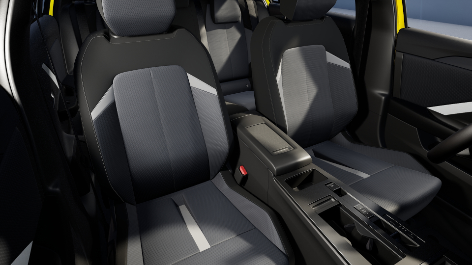 Intelli-Sitze mit Ergonomie-Feature für Fahrer und Beifahrer, 6-fach einstellbar und Sitzbezug „Malawa" in Grau aus recycelten Materialien
